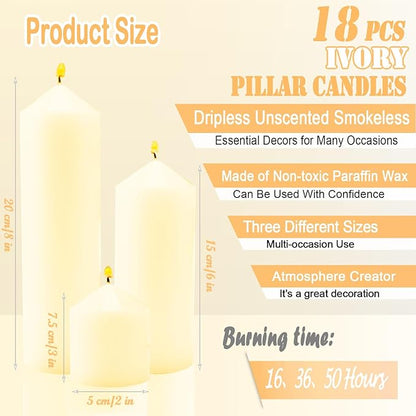 18 Pcs Ivory Pillar Candles Bulk Set，Hurricane Candlesï¼? Different Lengths (6 Each)，Dripless