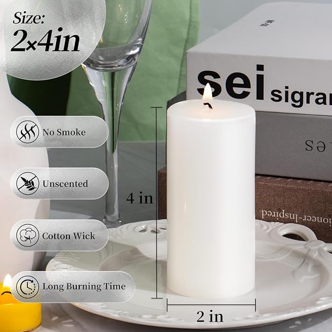 KONNI White Pillar Candles Set of 10, 2"x 4" Unscented Pillar Candles Bulk, 20 Hours Long Burning