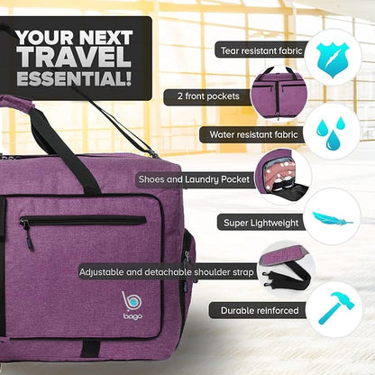 Bago Foldable Duffel Bags for Traveling Women & Men - 60L Medium Packable Duffle Bag for Travel
