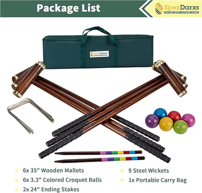 Six Player Croquet Game, 35’’ Croquette Set with Premium Wooden Mallets/Colored
