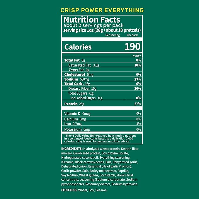 Crisp Power Protein Pretzels, Everything, High Protein Vegan Keto Snack, 28 G Plant Based Protein