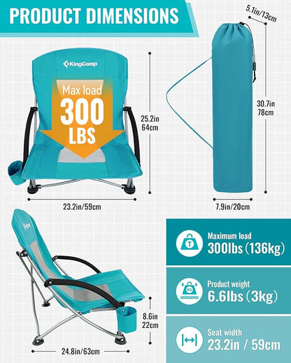 KingCamp Low Beach Chairs, Portable Folding Chair for Adults Extra Wide Ergonomic High Back Seat