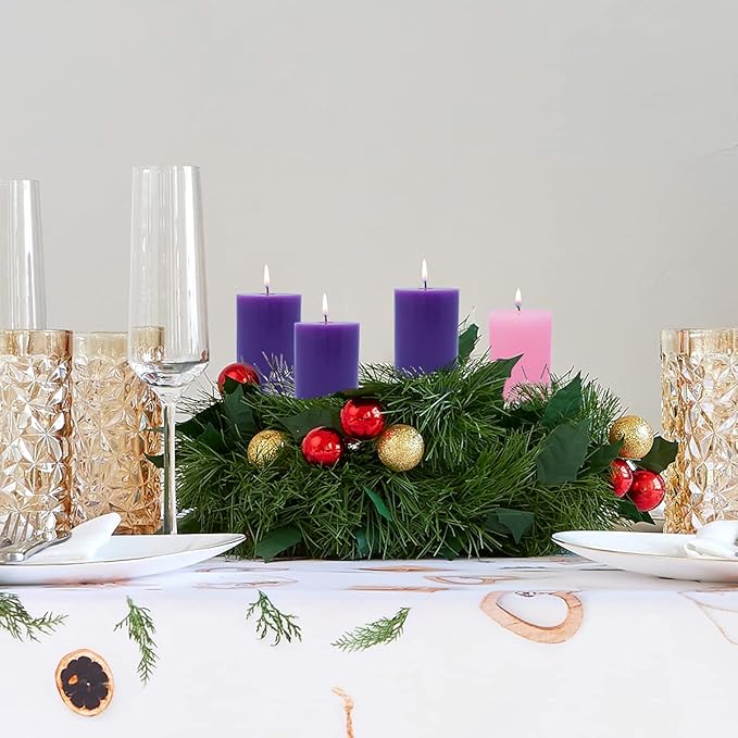 2x3 Inch Advent Pillar Candles Set of 4 Unscented Dripless Purple Pink Candles for Christmas