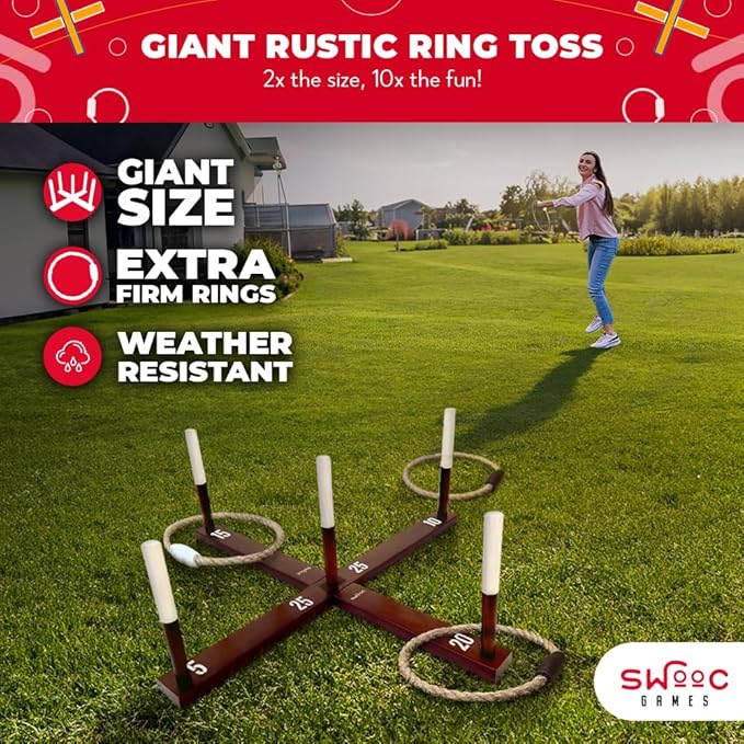 SWOOC Games - Rustic Ring Toss Game (All Weather) - Easy Setup & Extra Games Included - Ring Toss