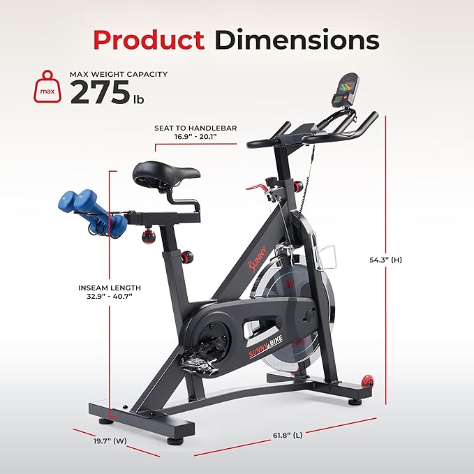 Sunny Health & Fitness Smart Pro Indoor Cycling Exercise Bike, Felt Resistance and Belt Drive, Free