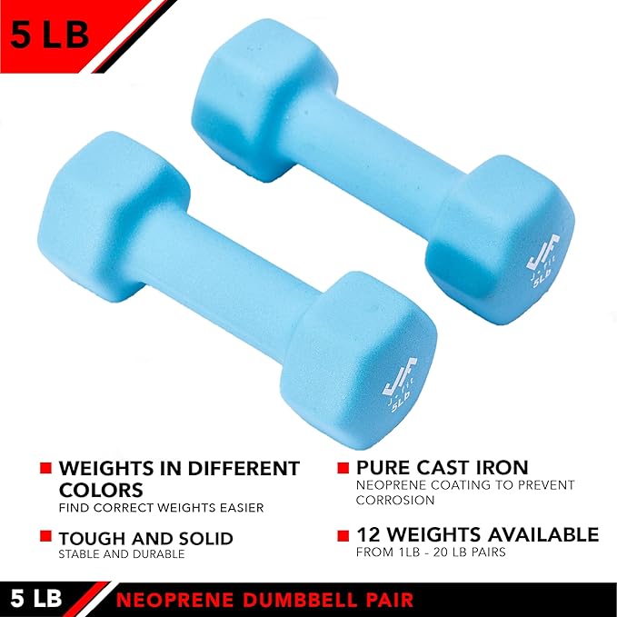 JFIT Dumbbell Pairs or Sets – Neoprene & Vinyl Coated Hand Weights for Home Gym, Strength Training