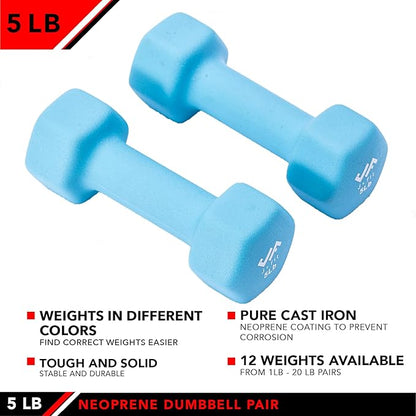 JFIT Dumbbell Pairs or Sets – Neoprene & Vinyl Coated Hand Weights for Home Gym, Strength Training