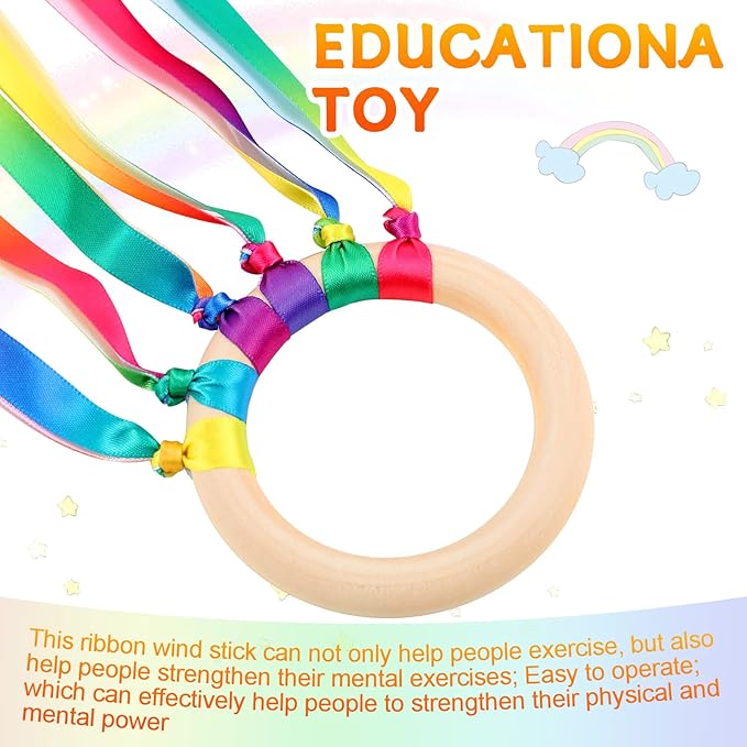 Junkin Ribbon Rings Hand Kite Waldorf Toys Dancing Wrist Ribbons Rainbow Streamers with Wood Ring