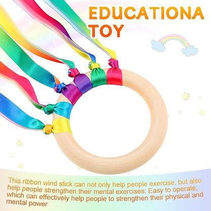 12 Pcs Rainbow Ribbon Wooden Waldorf Toys Creative Waldorf Hand Kite Set Streamers with Wood Ring