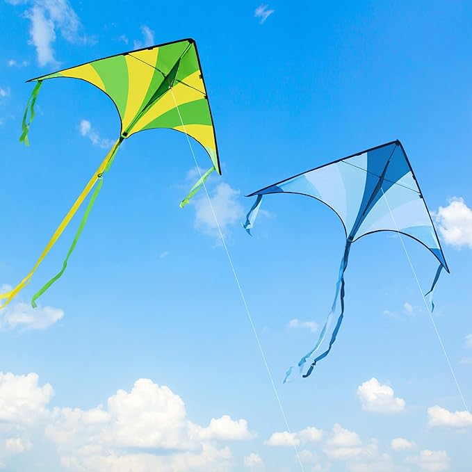 JOYIN 3 Packs Large Delta Kite Green, Blue and Rainbow, Easy to Fly for Kids with 262.5 ft String