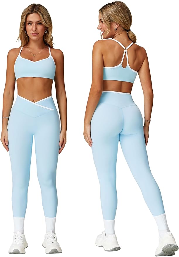 ABOCIW Workout Sets for Women 2 Piece Color Block Strappy Sports Bra High Waist Leggings Gym Yoga