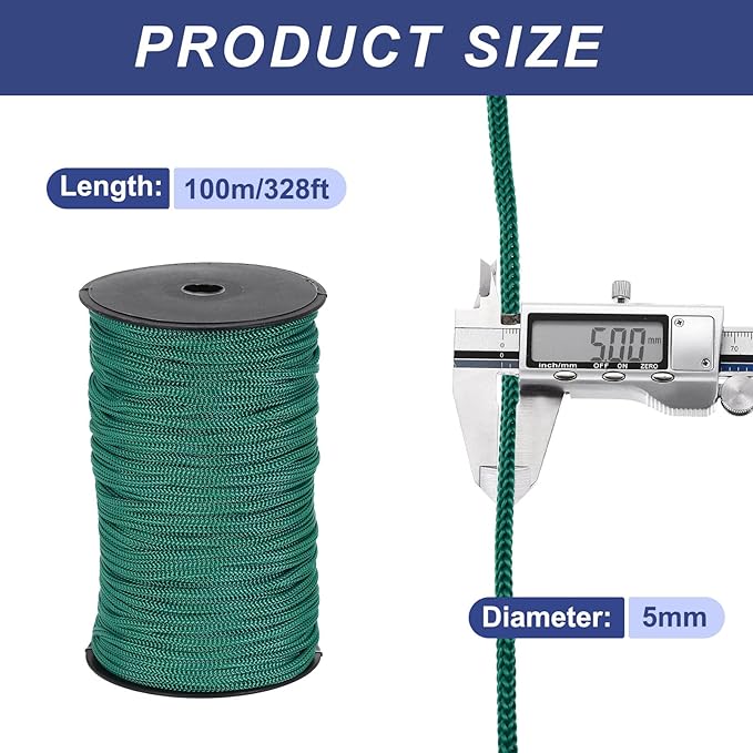 MECCANIXITY 3/16 Inch Polypropylene Rope Braided Ropes, 328ft Nylon Rope Hollow Utility Cord for