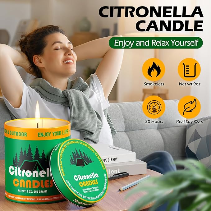 Citronella Outdoor Candles Set | 2-Pack 510g 80H Long-Lasting Burn Time | Natural Soy Wax Jar Tin