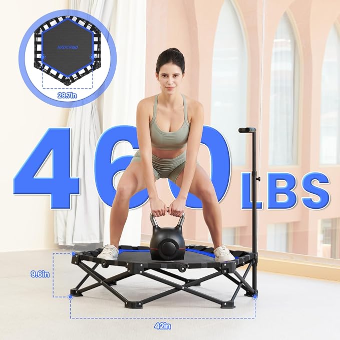 Foldable Mini Trampoline, Rebounder Trampoline with Adjustable Foam Handle, Fitness Trampoline for