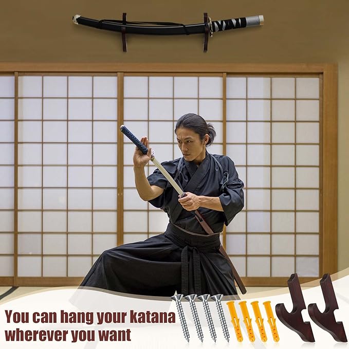 Chunful 2 Pcs Sword Wall Mount Sword Holder Katana Stand 1 Tier Hanger Adjustable Wooden Mounts for