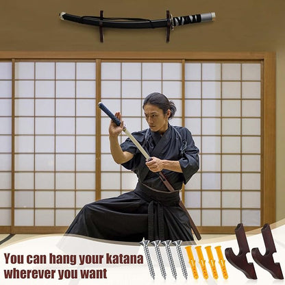 Chunful 2 Pcs Sword Wall Mount Sword Holder Katana Stand 1 Tier Hanger Adjustable Wooden Mounts for