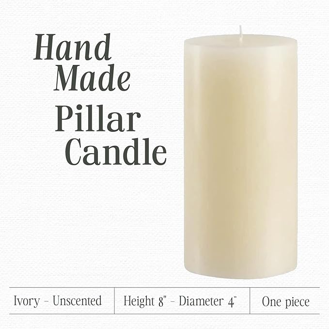 Mister Candle Non Scented Luxury 4 x 8 Pillar Candle, Hand Poured Ivory Unscented Candle for Home