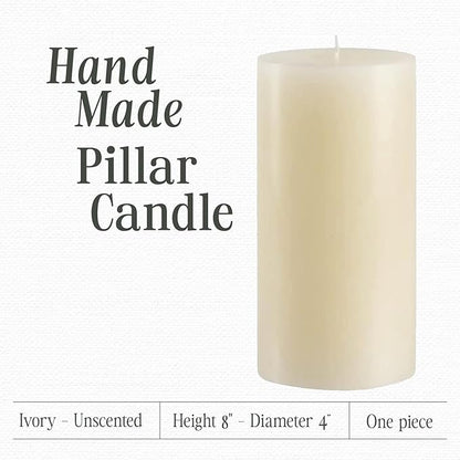 Mister Candle Non Scented Luxury 4 x 8 Pillar Candle, Hand Poured Ivory Unscented Candle for Home