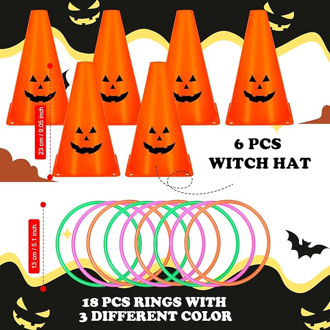 24 PcsHalloween Ring Toss Game Outdoor Carnival Party Games Include 6 Plastic Cones 18 Toss Rings