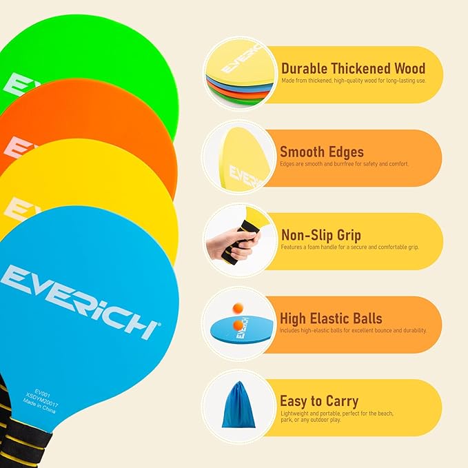 EVERICH TOY Paddle Ball Set, Badminton Set 4 Rackets, Great Gifts Easter Basket Stuffers for Kids