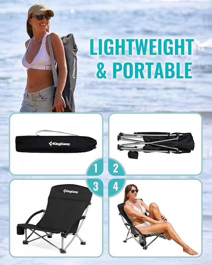 KingCamp Low Beach Chairs, Portable Folding Chair for Adults Extra Wide Ergonomic High Back Seat