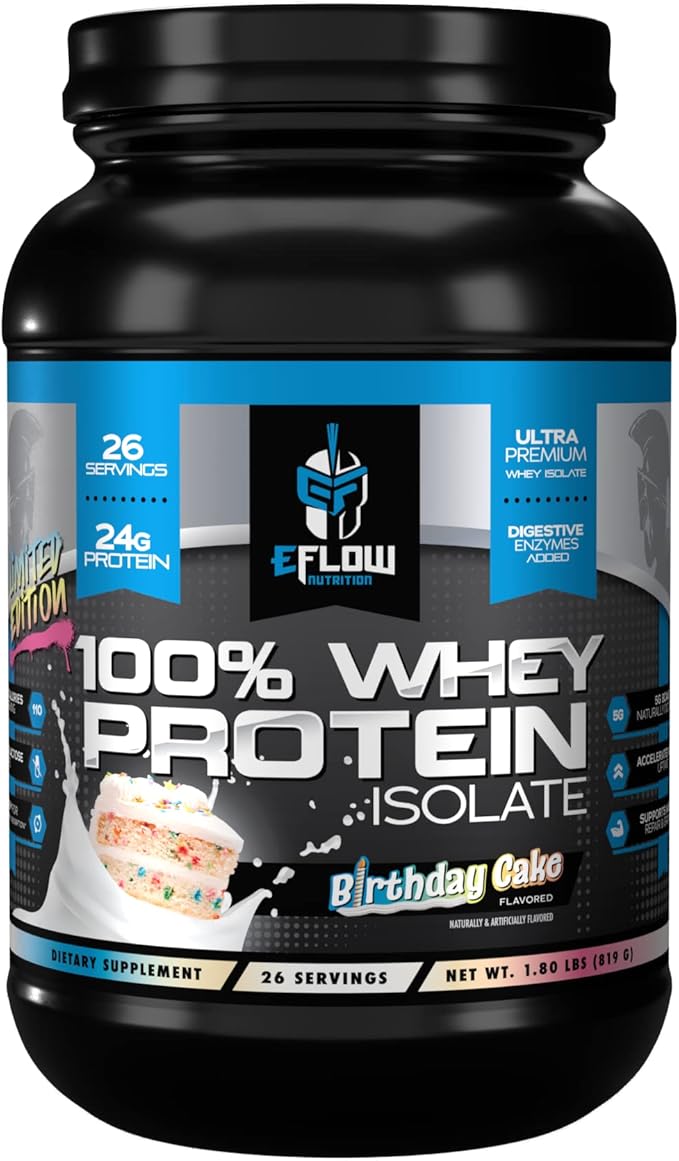 eFlow Nutrition 100% Whey Protein Isolate - Lactose-Free Digestive Enzymes Added, Low Carb, Post