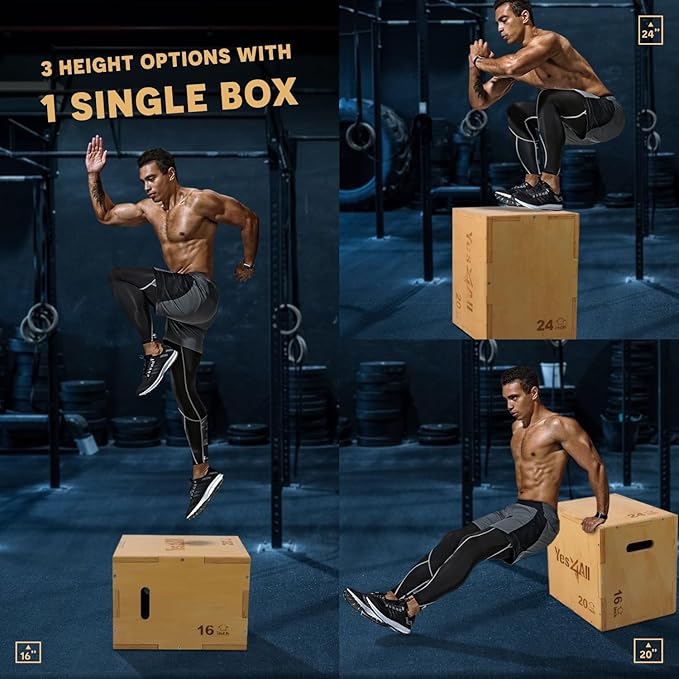 Yes4All Plyo Box, 3-in-1 Wooden Box Jumps for Home Gym (12/14/16?¯in), 450 lbs Boxes Step Up with