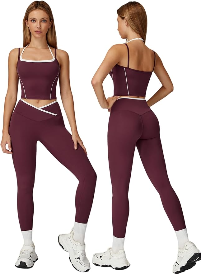 ABOCIW Workout Sets for Women 2 Piece Color Block Strappy Sports Bra High Waist Leggings Gym Yoga
