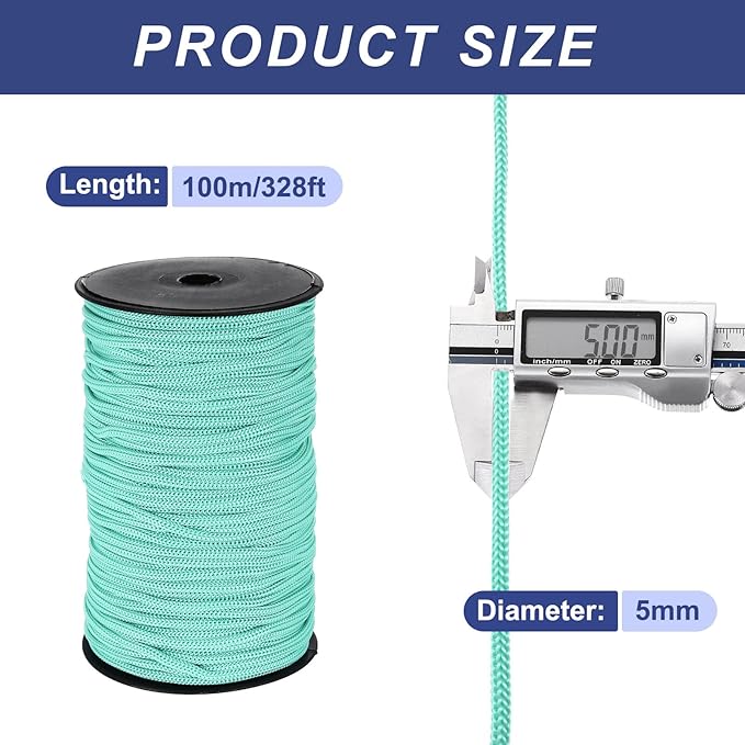 MECCANIXITY 3/16 Inch Polypropylene Rope Braided Ropes, 328ft Nylon Rope Hollow Utility Cord for