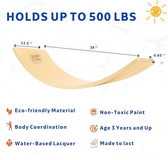 Giggle & Play 36" Wooden Balance Board ??Natural Curvy Wobble Board for Kids, Toddlers & Adults