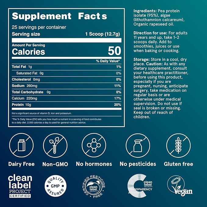 Puori Vegan Plant Protein Enhancer Powder - 25 Servings - Neutral Flavor Pea Protein with Algae