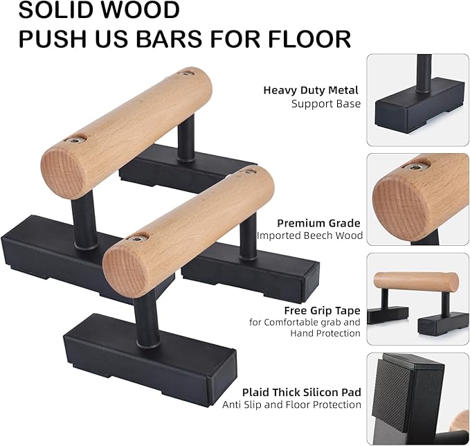 1 Pair Wood Floor Push Up Bars for Men, Anti-slip Handstand Parallettes Bars, Strength Training