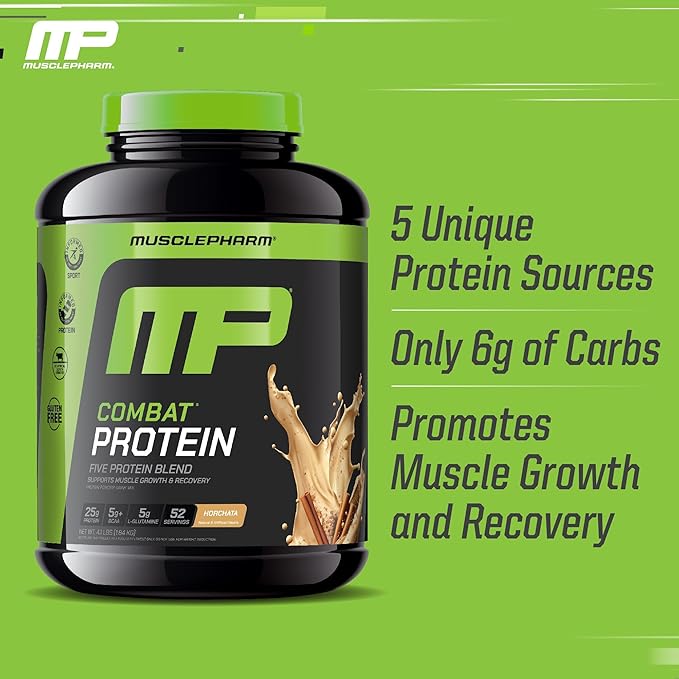 Muscle Pharm Combat Protein Powder, Horchata Flavor, Fuels Muscles for Productive Workouts, 5