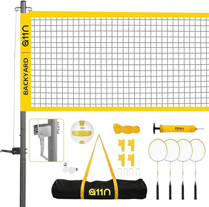 A11N Outdoor Volleyball and Badminton Combo Set - Includes Adjustable Height Anti-Sag Net