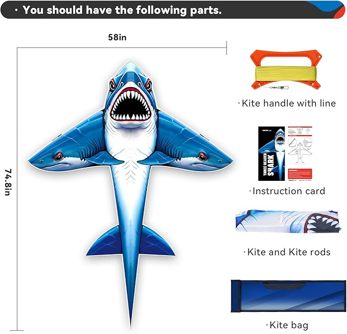 Three Headed Shark Kite for Kids and Adults,Kites for Kids Ages 8-12 Easy to Fly,Single Line Beach