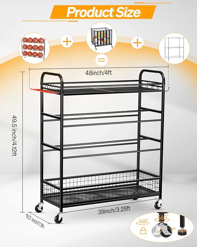 Garage Sports Equipment Organizer - Rolling Ball Storage Bin with Wheels, Garage Sports Gear Rack