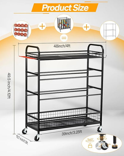 Garage Sports Equipment Organizer - Rolling Ball Storage Bin with Wheels, Garage Sports Gear Rack