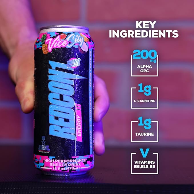 REDCON1 Energy High Performance Drink, Vice City - Zero Sugar Energy Drink with Alpha GPC Nootropic