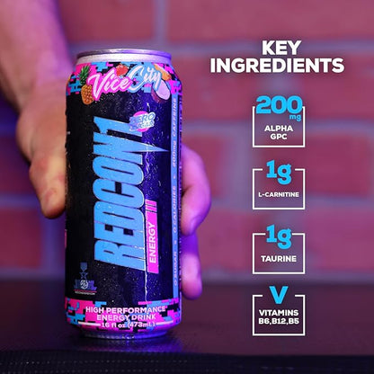 REDCON1 Energy High Performance Drink, Vice City - Zero Sugar Energy Drink with Alpha GPC Nootropic
