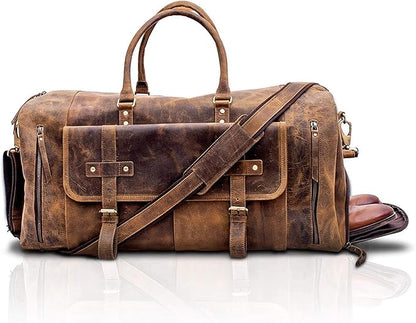 KomalC 24 Inch Leather Duffel Bags for Men and Women Full Grain Leather Travel Overnight Weekend