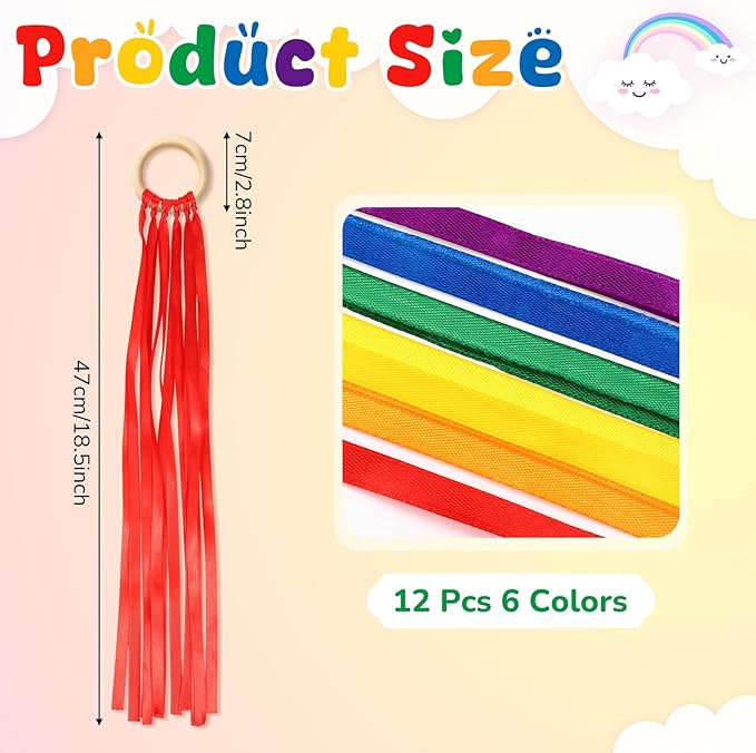 Deekin 12 Pcs Rainbow Ribbon Wooden Waldorf Toys Creative Waldorf Hand Kite Set Streamers with Wood