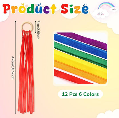 Deekin 12 Pcs Rainbow Ribbon Wooden Waldorf Toys Creative Waldorf Hand Kite Set Streamers with Wood
