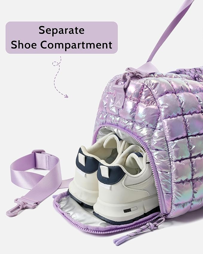 Quilted Duffel Bag for Women, Puffer Gym Duffle Bag with Shoe Compartment Lightweight Large