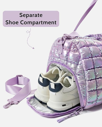 Quilted Duffel Bag for Women, Puffer Gym Duffle Bag with Shoe Compartment Lightweight Large