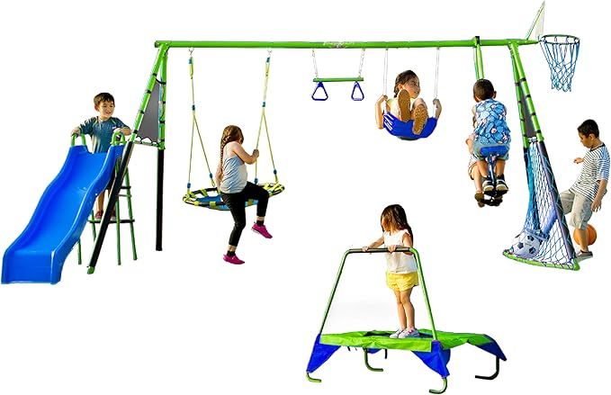 Sports Outdoor 8 Station Playground Set, Includes Swing Set, Slide, Monkey Bars, Basketball Hoop