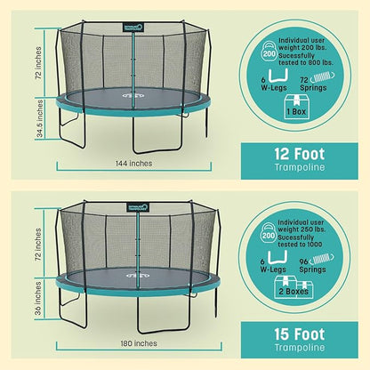 SKYWALKER TRAMPOLINES 12 FT 15 FT Round Trampoline with Safety Enclosure Net, 9 x 15 FT Rectangle