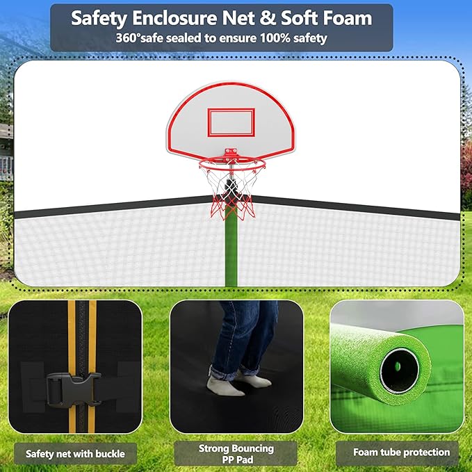 Upgraded 10/12/14/15/16FT Trampoline Outdoor, Large Kids Trampoline with Light, Stakes, Sprinkler