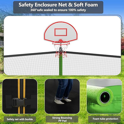 Upgraded 10/12/14/15/16FT Trampoline Outdoor, Large Kids Trampoline with Light, Stakes, Sprinkler