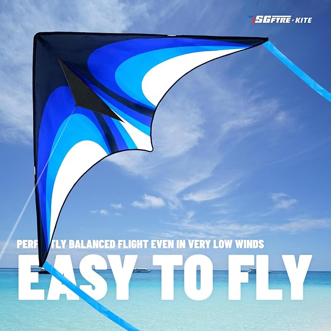 Blue Delta Kite Easy to Fly,Beach Trip Outdoor Games Single Line String with Tail,Easy Flying