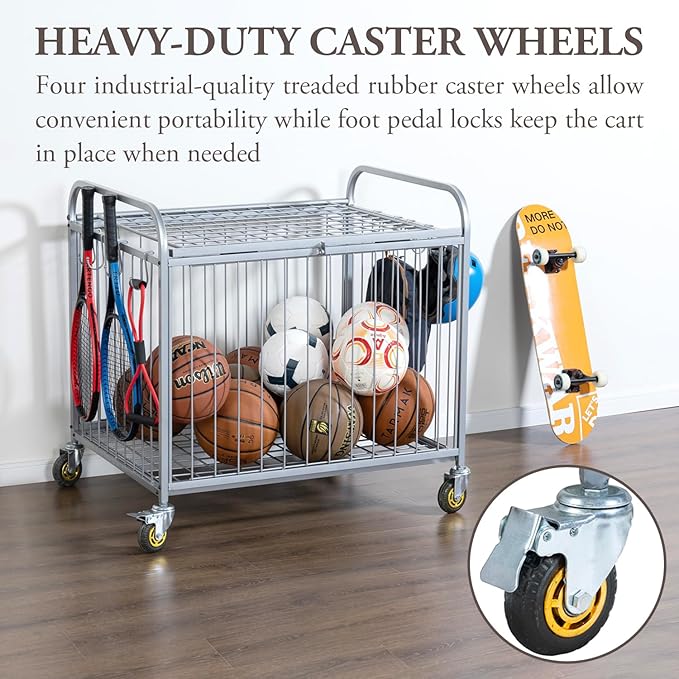 MyGift Large Capacity Metal Rolling Multi Sports Ball Cage Storage Hopper, Gym Equipment Basket